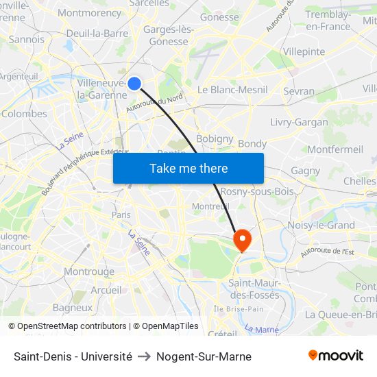 Saint-Denis - Université to Nogent-Sur-Marne map