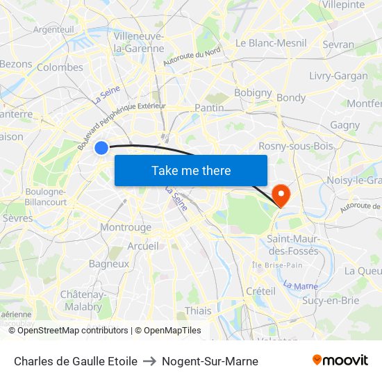 Charles de Gaulle Etoile to Nogent-Sur-Marne map