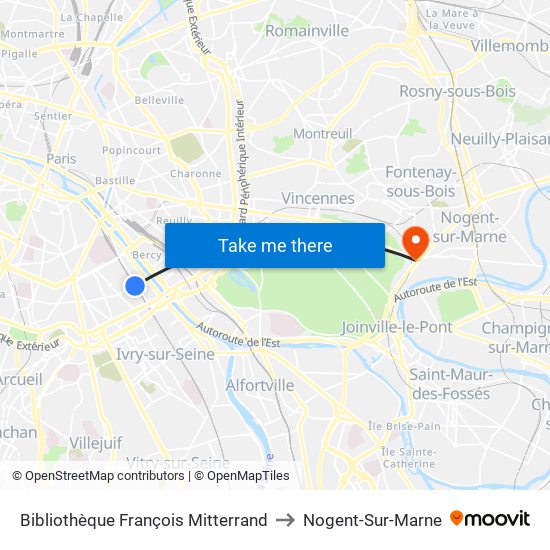 Bibliothèque François Mitterrand to Nogent-Sur-Marne map
