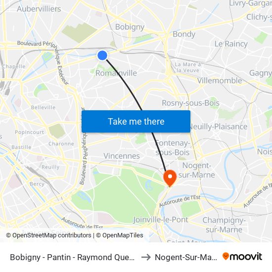 Bobigny - Pantin - Raymond Queneau to Nogent-Sur-Marne map