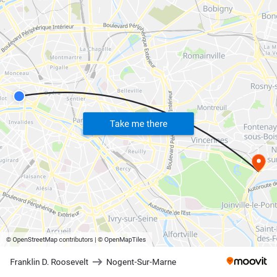 Franklin D. Roosevelt to Nogent-Sur-Marne map