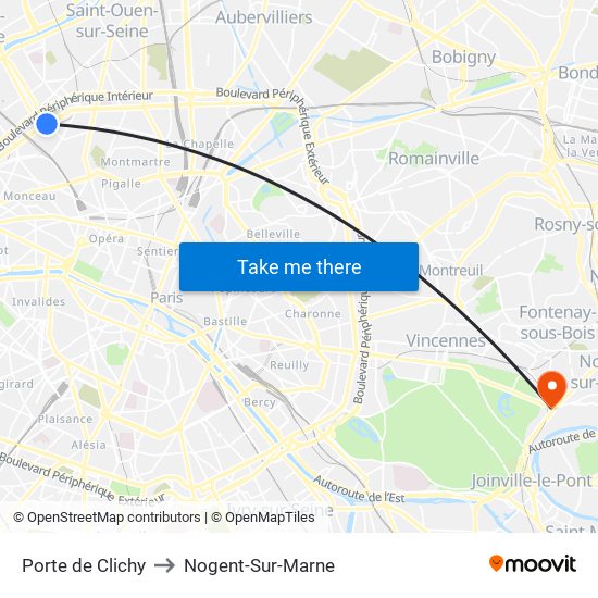 Porte de Clichy to Nogent-Sur-Marne map