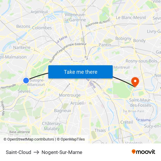 Saint-Cloud to Nogent-Sur-Marne map