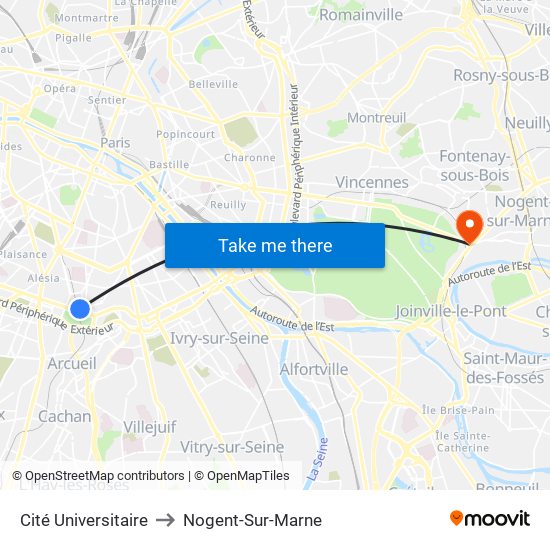Cité Universitaire to Nogent-Sur-Marne map
