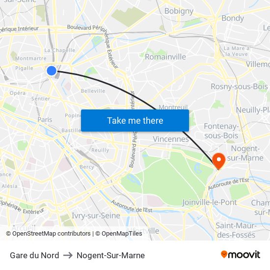 Gare du Nord to Nogent-Sur-Marne map