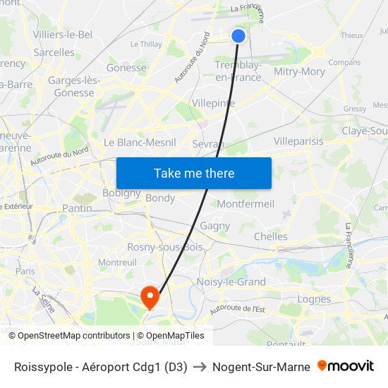 Roissypole - Aéroport Cdg1 (D3) to Nogent-Sur-Marne map