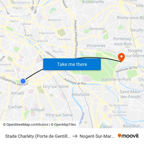 Stade Charléty (Porte de Gentilly) to Nogent-Sur-Marne map