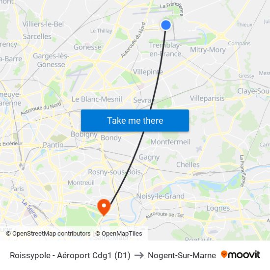Roissypole - Aéroport Cdg1 (D1) to Nogent-Sur-Marne map