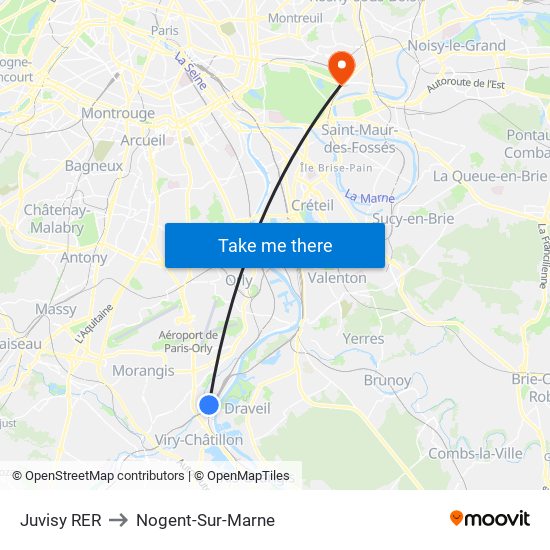 Juvisy RER to Nogent-Sur-Marne map