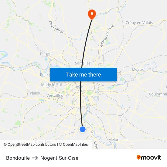 Bondoufle to Nogent-Sur-Oise map