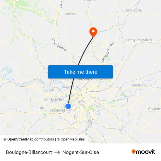 Boulogne-Billancourt to Nogent-Sur-Oise map