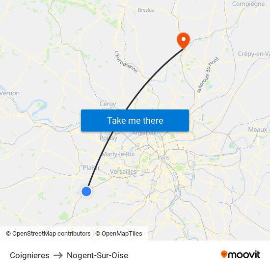 Coignieres to Nogent-Sur-Oise map