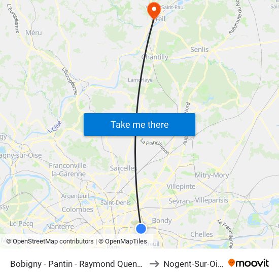 Bobigny - Pantin - Raymond Queneau to Nogent-Sur-Oise map