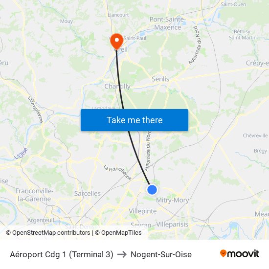 Aéroport Cdg 1 (Terminal 3) to Nogent-Sur-Oise map