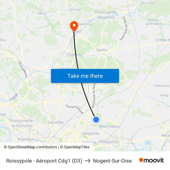 Roissypole - Aéroport Cdg1 (D3) to Nogent-Sur-Oise map