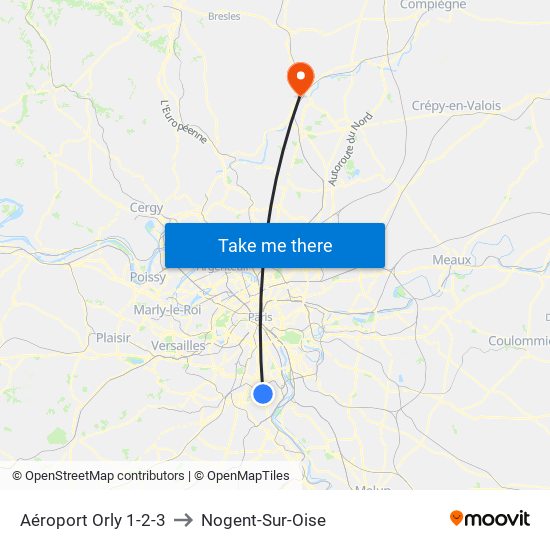 Aéroport Orly 1-2-3 to Nogent-Sur-Oise map