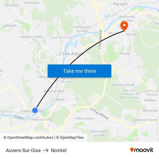 Auvers-Sur-Oise to Nointel map
