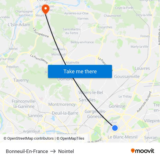 Bonneuil-En-France to Nointel map