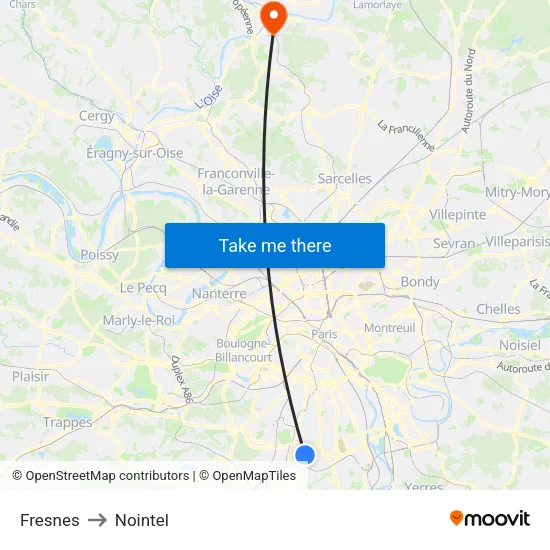 Fresnes to Nointel map