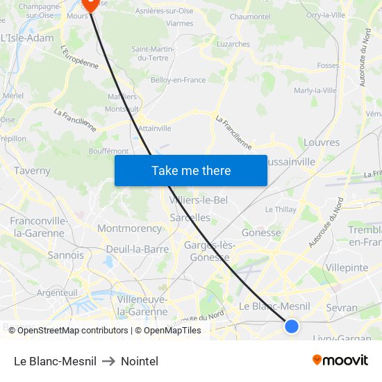 Le Blanc-Mesnil to Nointel map