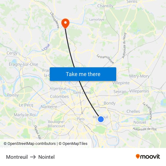 Montreuil to Nointel map