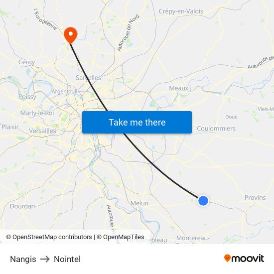 Nangis to Nointel map