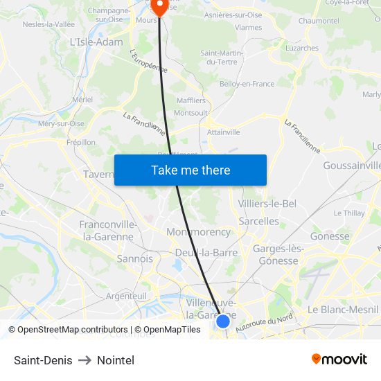 Saint-Denis to Nointel map