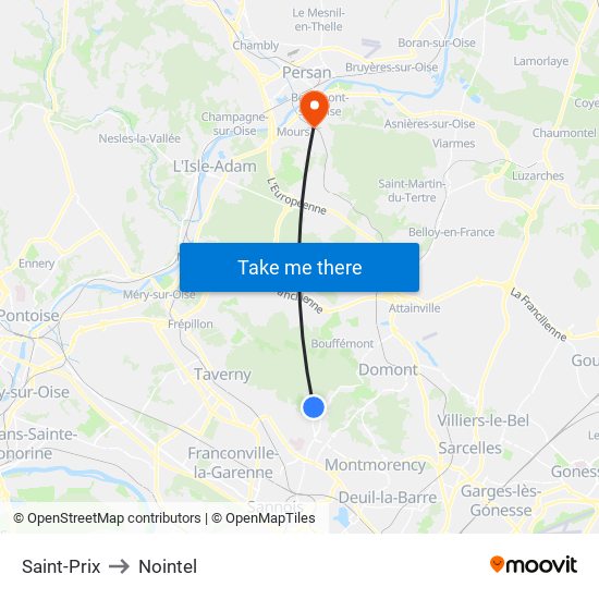 Saint-Prix to Nointel map