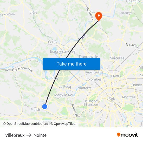 Villepreux to Nointel map