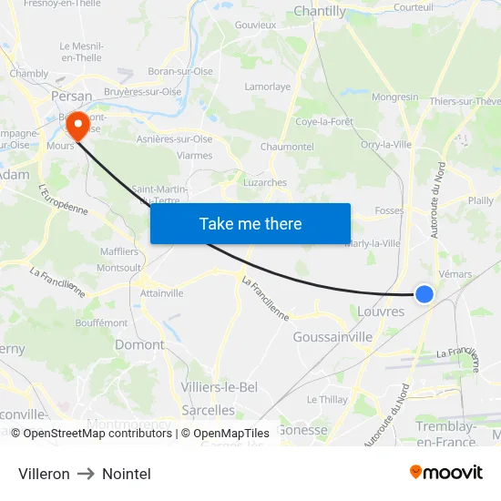 Villeron to Nointel map