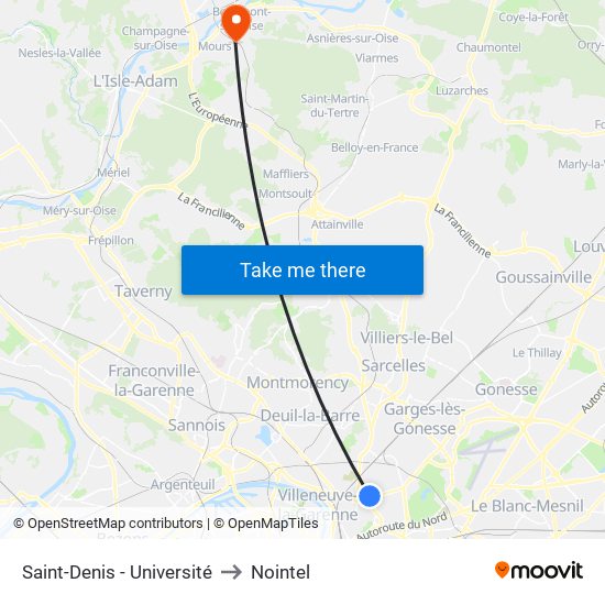 Saint-Denis - Université to Nointel map