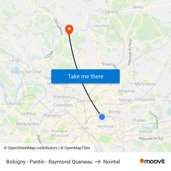 Bobigny - Pantin - Raymond Queneau to Nointel map