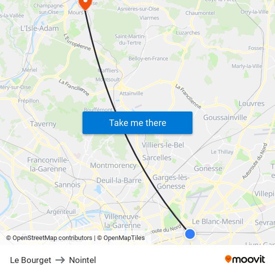 Le Bourget to Nointel map