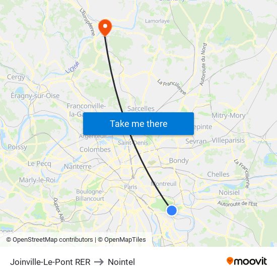 Joinville-Le-Pont RER to Nointel map