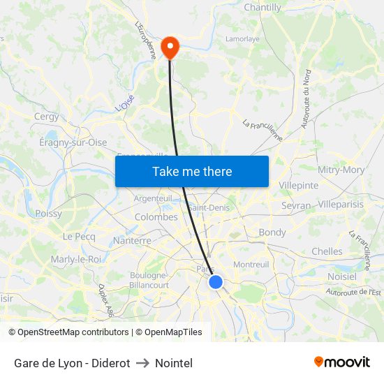 Gare de Lyon - Diderot to Nointel map