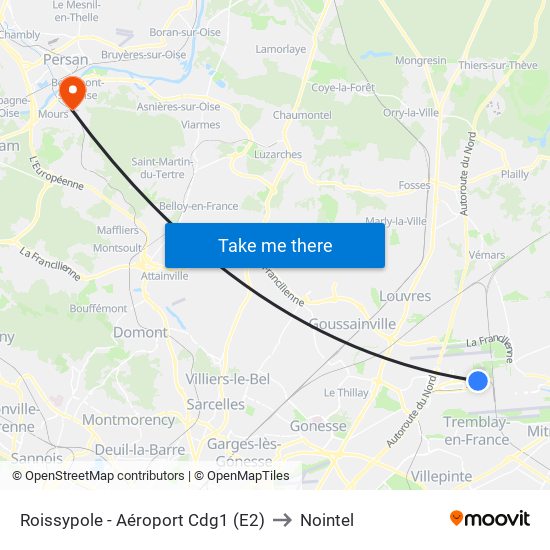 Roissypole - Aéroport Cdg1 (E2) to Nointel map