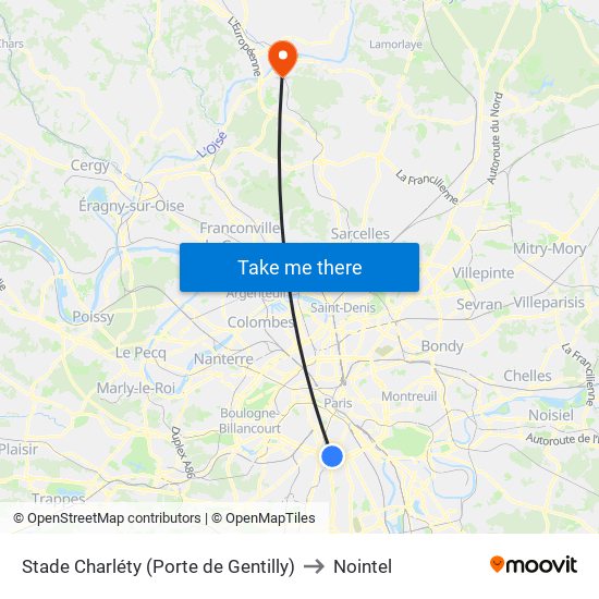 Stade Charléty (Porte de Gentilly) to Nointel map