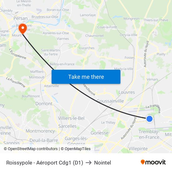 Roissypole - Aéroport Cdg1 (D1) to Nointel map