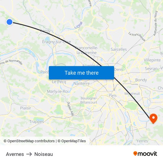 Avernes to Noiseau map