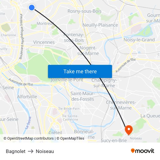 Bagnolet to Noiseau map