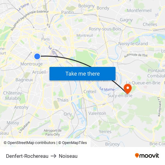 Denfert-Rochereau to Noiseau map