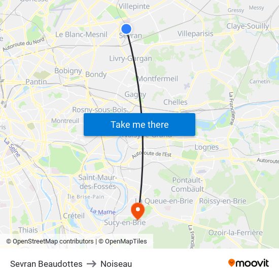 Sevran Beaudottes to Noiseau map