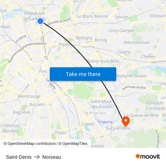 Saint-Denis to Noiseau map