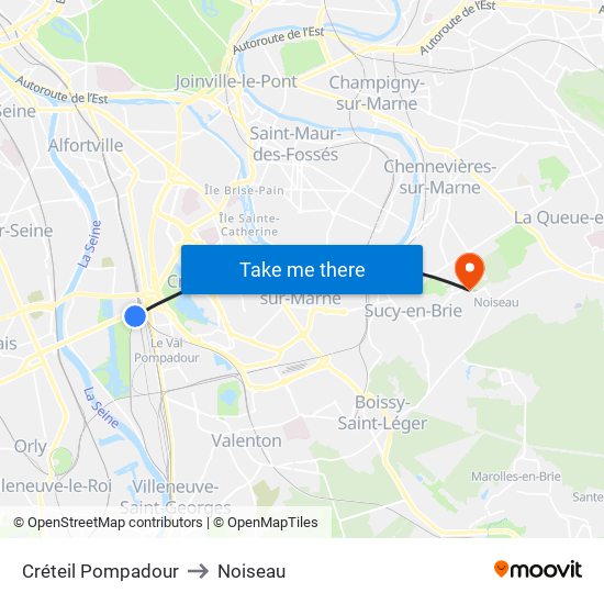 Créteil Pompadour to Noiseau map
