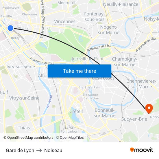 Gare de Lyon to Noiseau map