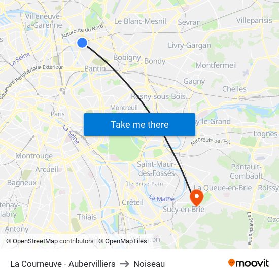 La Courneuve - Aubervilliers to Noiseau map