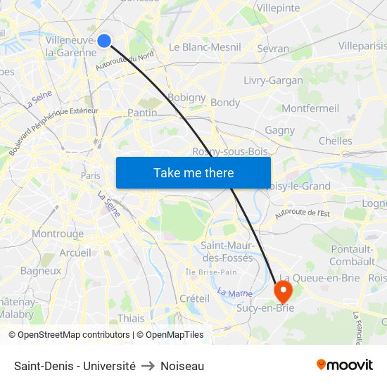 Saint-Denis - Université to Noiseau map