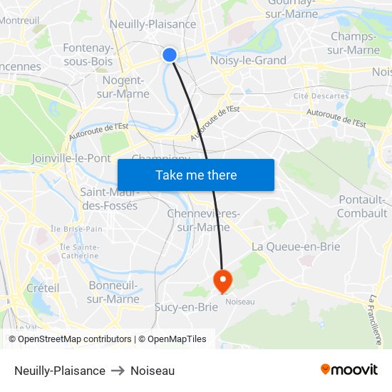 Neuilly-Plaisance to Noiseau map