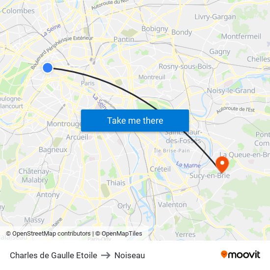 Charles de Gaulle Etoile to Noiseau map