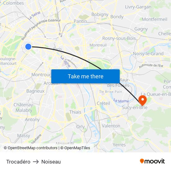 Trocadéro to Noiseau map